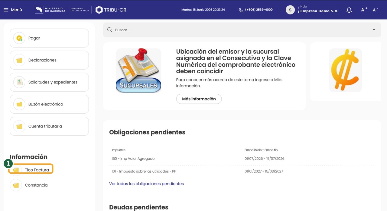 Tico Factura en el menú de TRIBU-CR